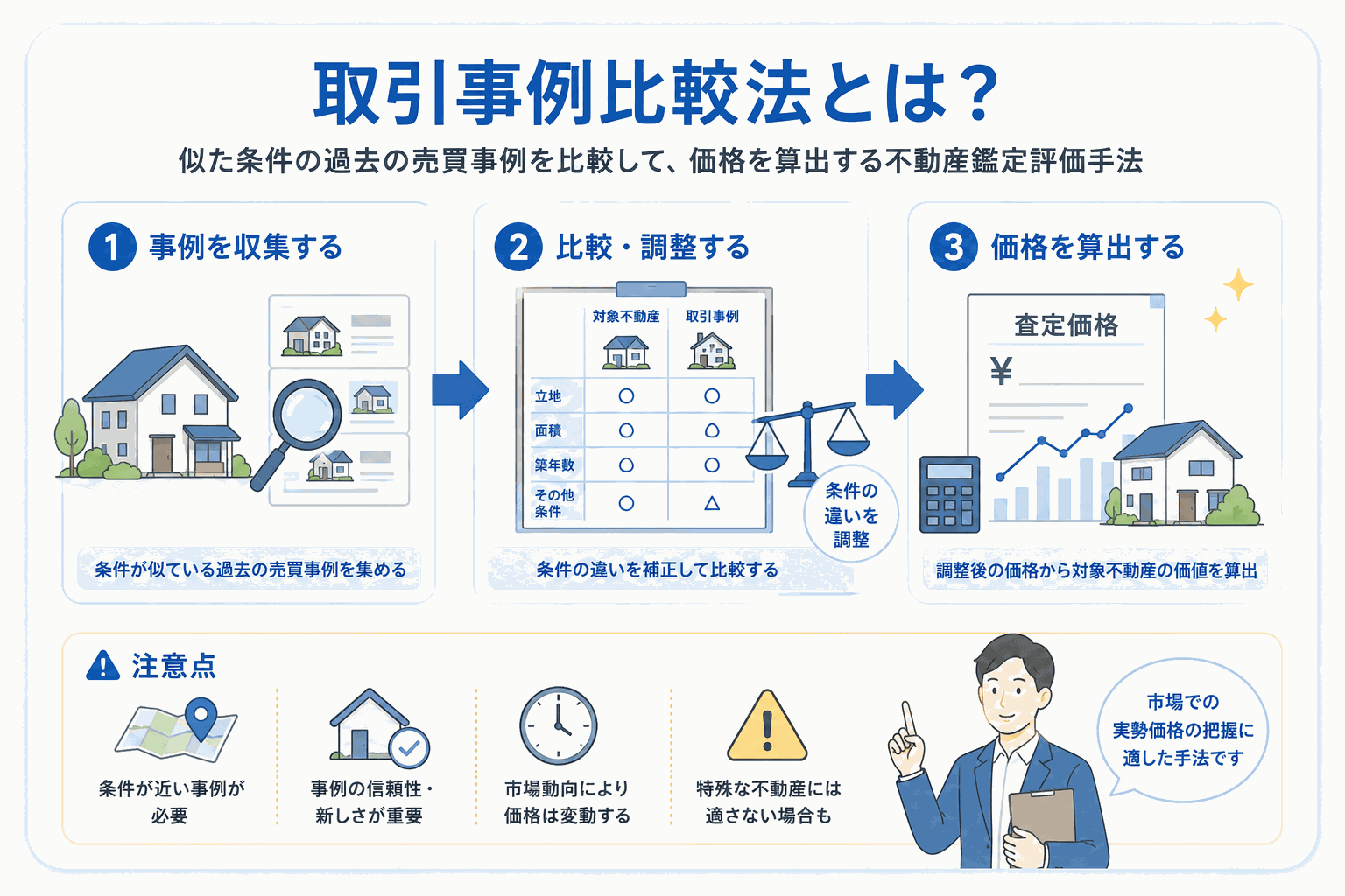 取引事例比較法の3ステップを示す図解。1.似た条件の過去の売買事例を集める、2.立地・面積・築年数などの条件の違いを補正して比較する、3.調整後の価格から対象不動産の価値を算出する。市場の実勢価格の把握に適した手法。