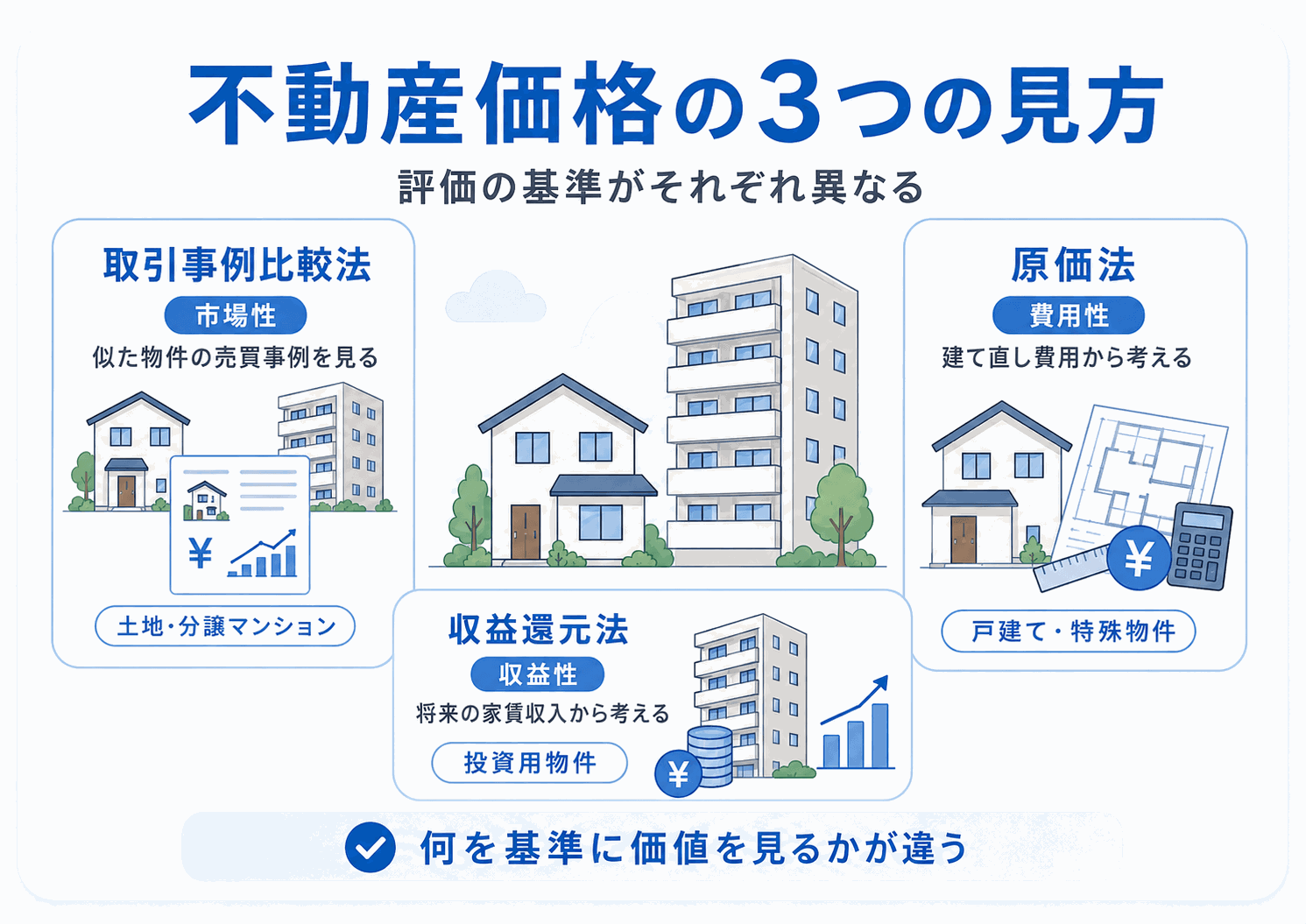 不動産価格の3つの見方を比べた図解