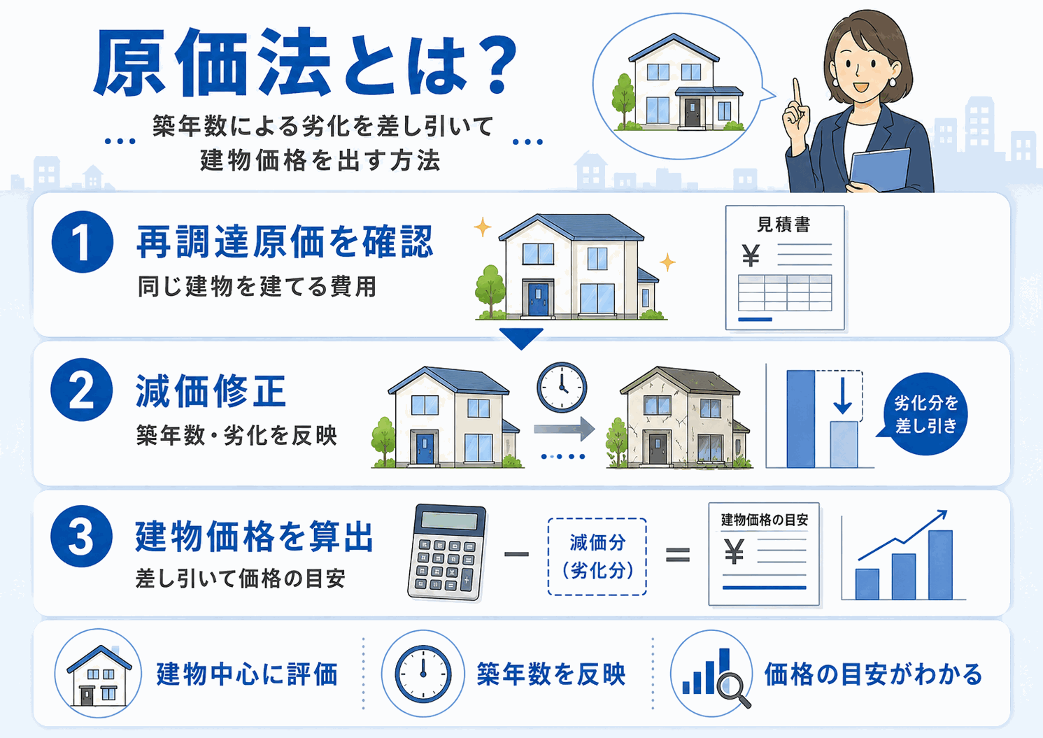 原価法の3ステップを示す図解。1.再調達原価を確認（同じ建物を建てる費用）、2.減価修正で築年数・劣化を反映、3.差し引いて建物価格の目安を算出。建物中心に評価し、築年数を反映して価格の目安がわかる。