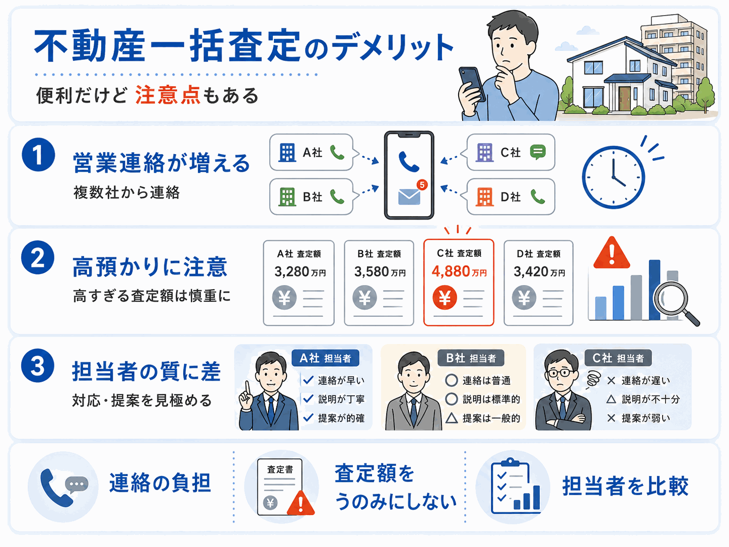 不動産一括査定の主なデメリット(営業連絡が増える・高預かりに注意・担当者の質に差)の図解