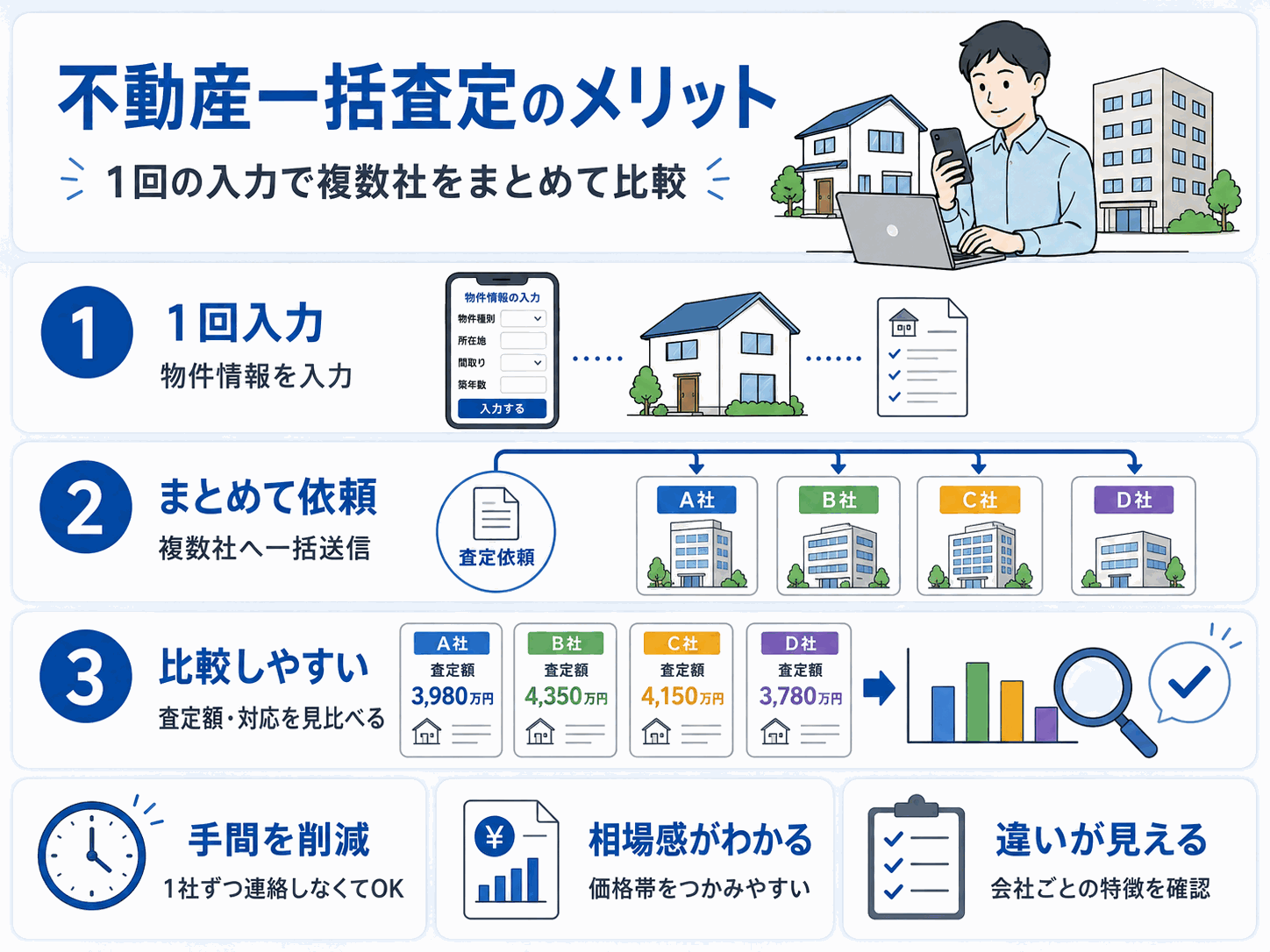 不動産一括査定のメリット(1回の入力で複数社をまとめて比較できる)の図解