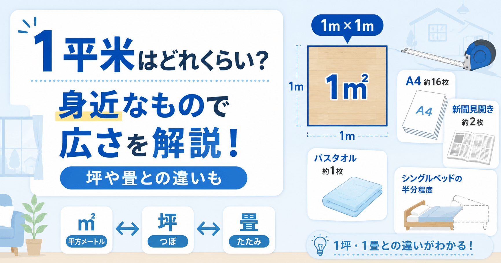 1平米はどれくらい？身近なもので広さを解説！坪や畳との違いも