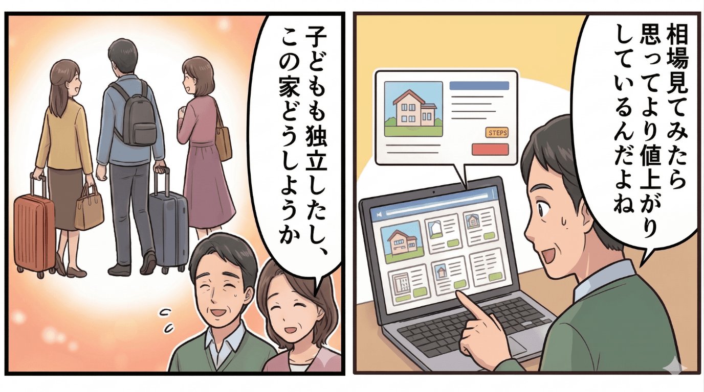 子どもたちが独立したことをきっかけに、男性がパソコンで不動産相場を確認しながら「思っていたより値上がりしている」と話す場面