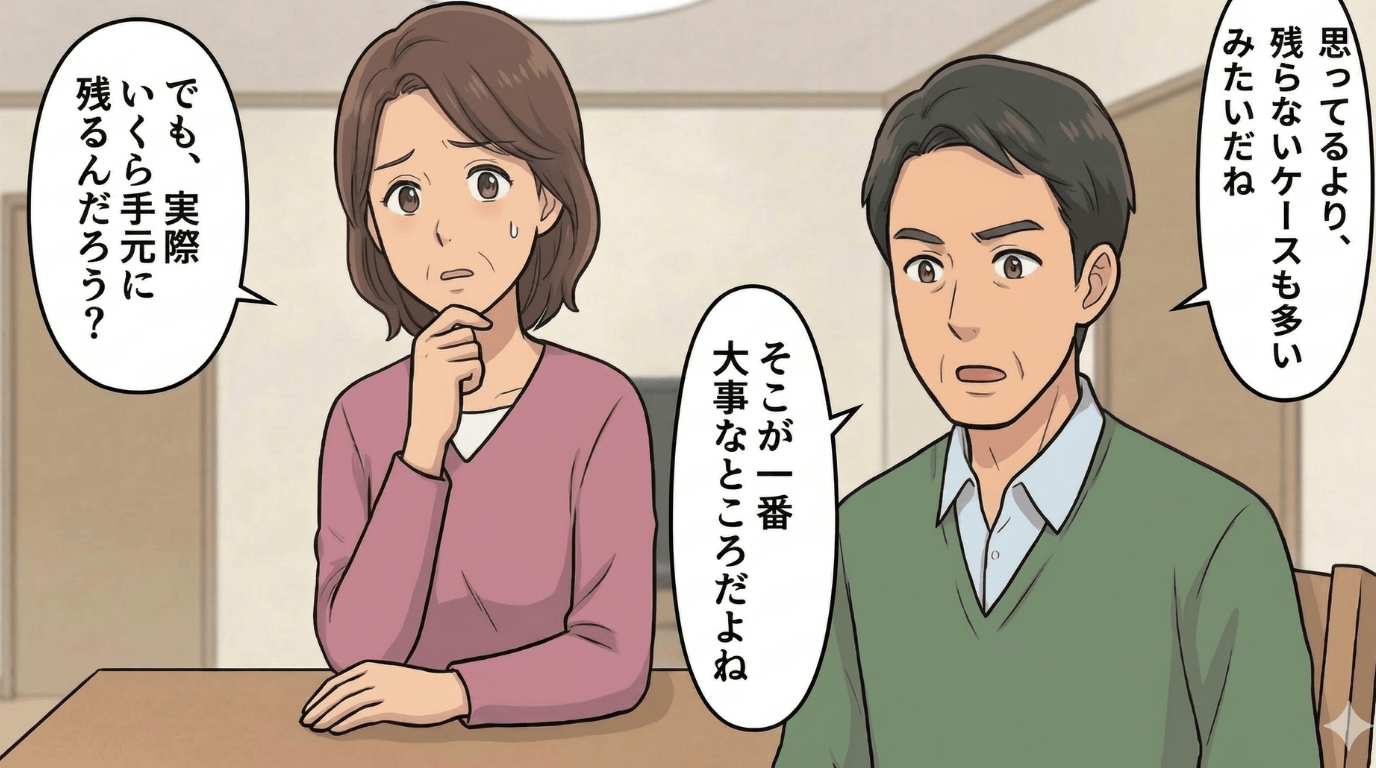 売却後に実際いくら手元に残るかを心配する女性と、「思っているより残らないケースも多い、そこが一番大事」と話す男性がテーブルに座っている場面