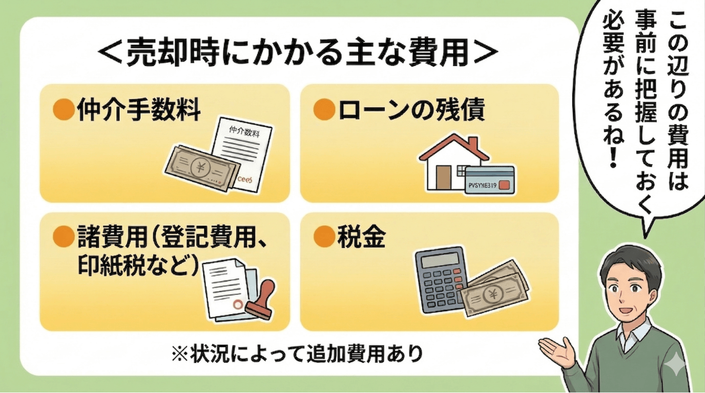売却時にかかる主な費用として仲介手数料・ローンの残債・諸費用（登記費用・印紙税など）・税金の4項目をまとめた説明