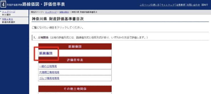 赤枠の「路線価図」をクリック