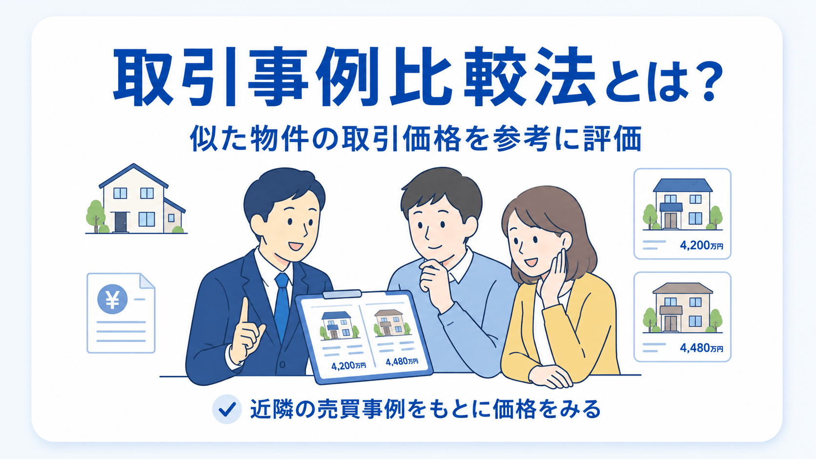 取引事例比較法:近隣の類似物件の成約事例から価格を求める計算方法の図解