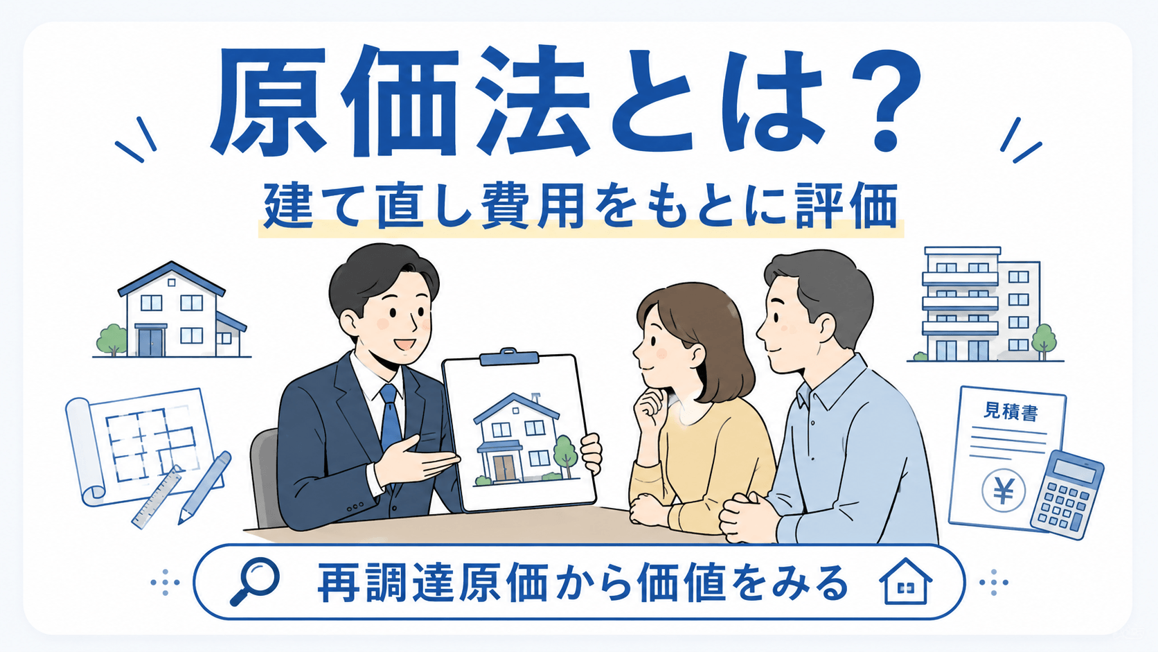 原価法:建物を建て直す費用から価値を求める計算方法の図解