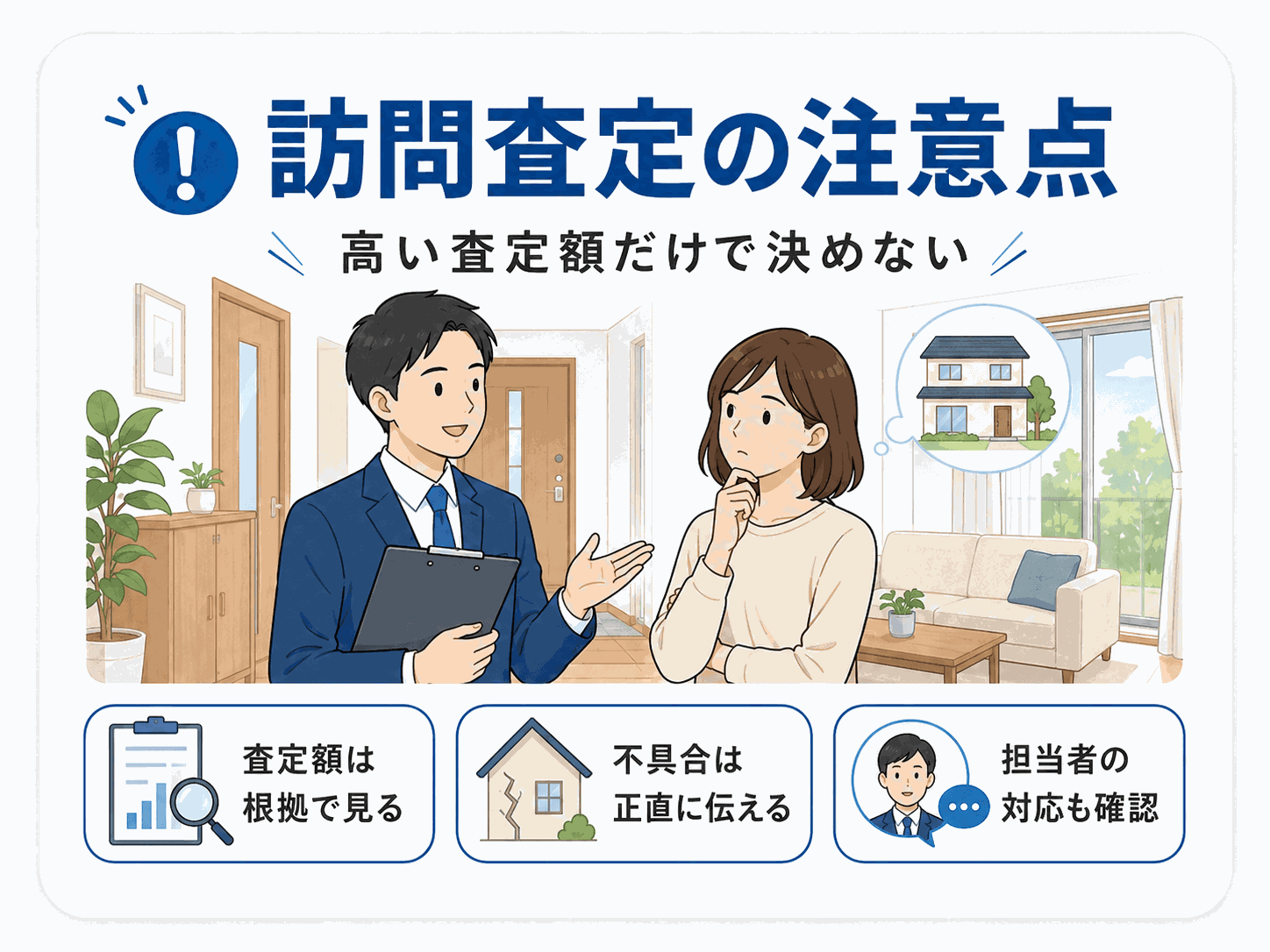 訪問査定の注意点の図解(査定額は根拠で見極め・不具合は正直に伝える・担当者の対応を見る)