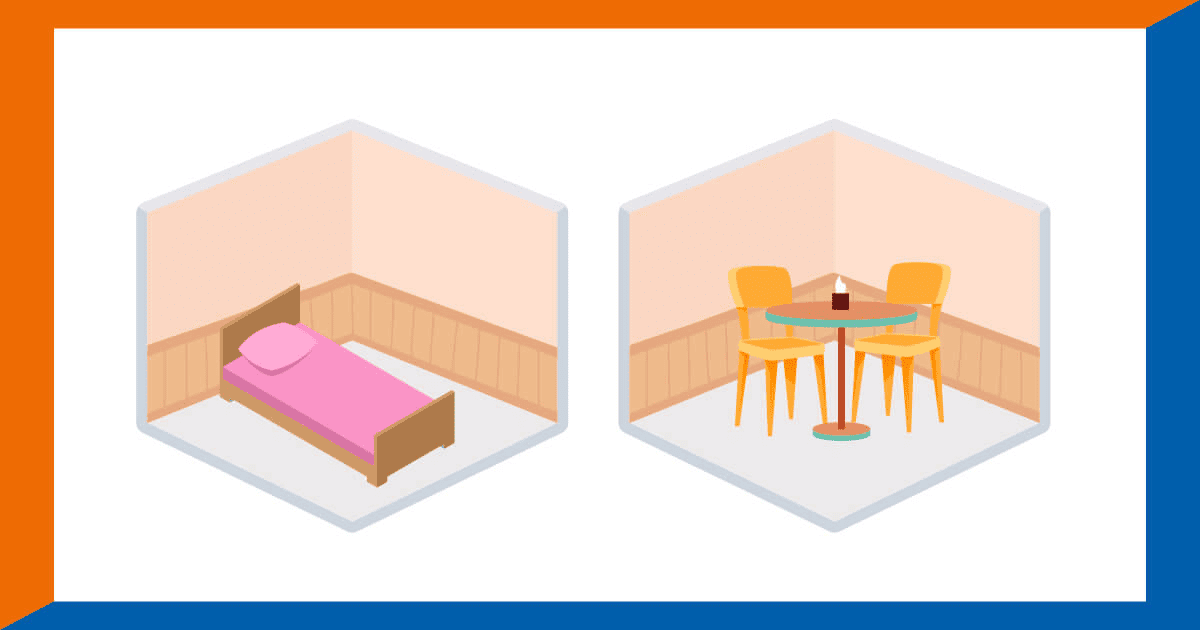 ベッドとテーブルが配置された部屋の図