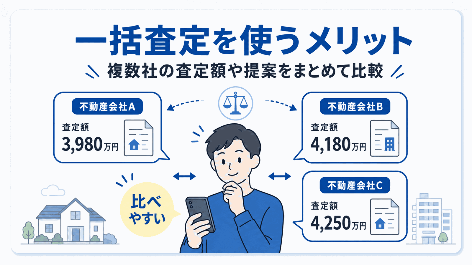 一括査定のメリットの図解:不動産会社A・B・Cの査定額(3,980万円・4,180万円・4,250万円)をまとめて比較でき、会社ごとの差が一目でわかる