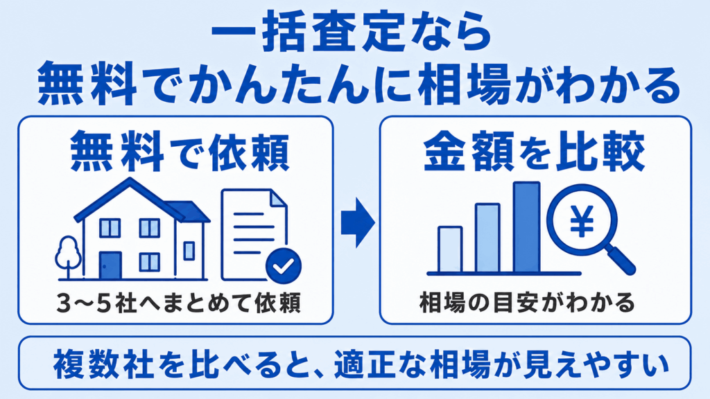 一括査定なら無料で3〜5社に依頼し査定額を比較して相場の目安がわかる図解