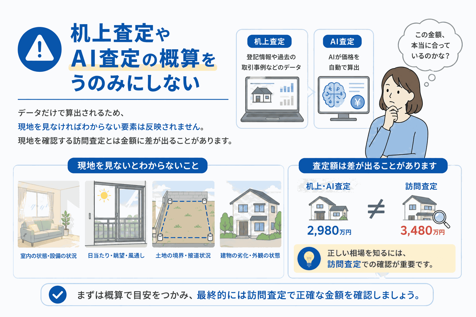 机上査定やAI査定の概算をうのみにしないことを示すイラスト