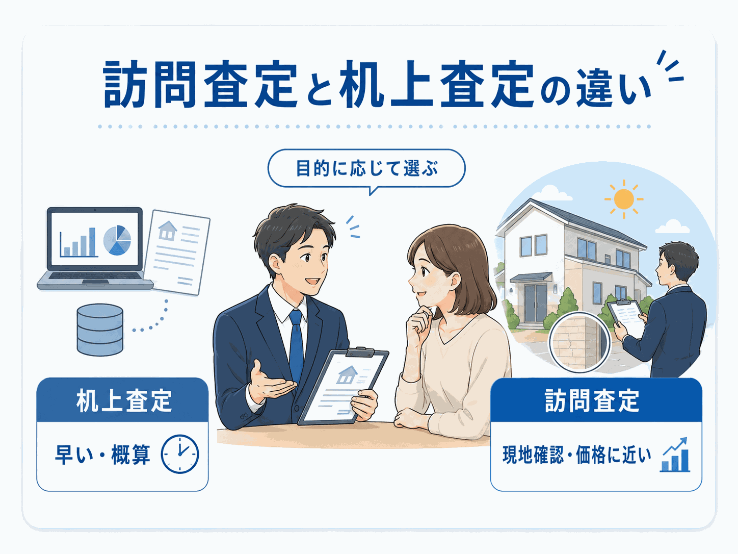 訪問査定と机上査定の違いの比較図(調べ方・日数・精度・立ち会い)