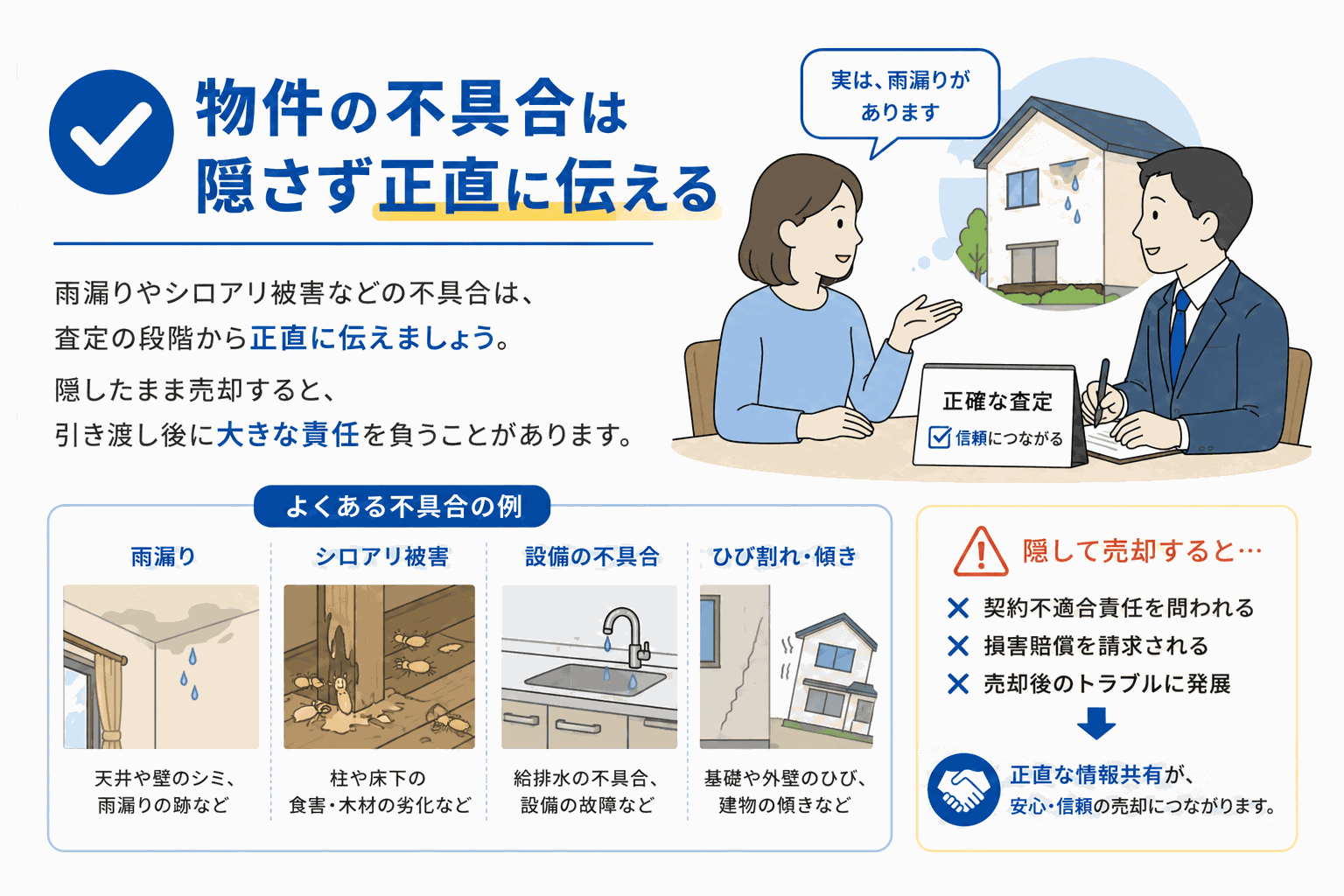 物件の不具合を隠さず正直に伝えることを示すイラスト