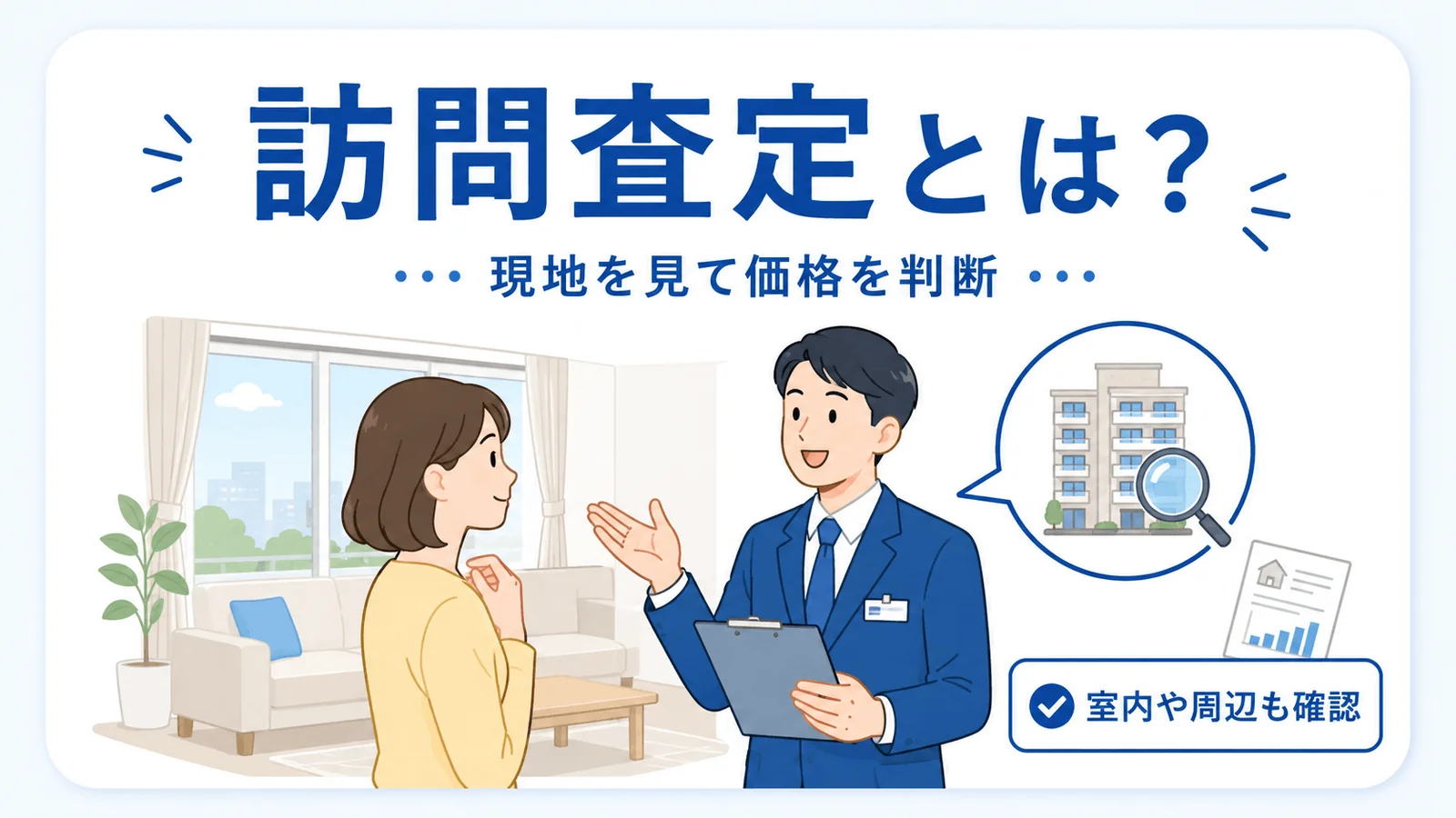訪問査定の特徴(担当者が現地を訪問し、室内や周辺も確認して価格を判断する)を示す図