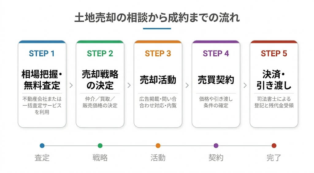 土地売却の相談から成約までの流れを示した図で、相場把握・無料査定から売却戦略の決定、売却活動、売買契約、決済・引き渡しまでの5ステップで進むことを示している