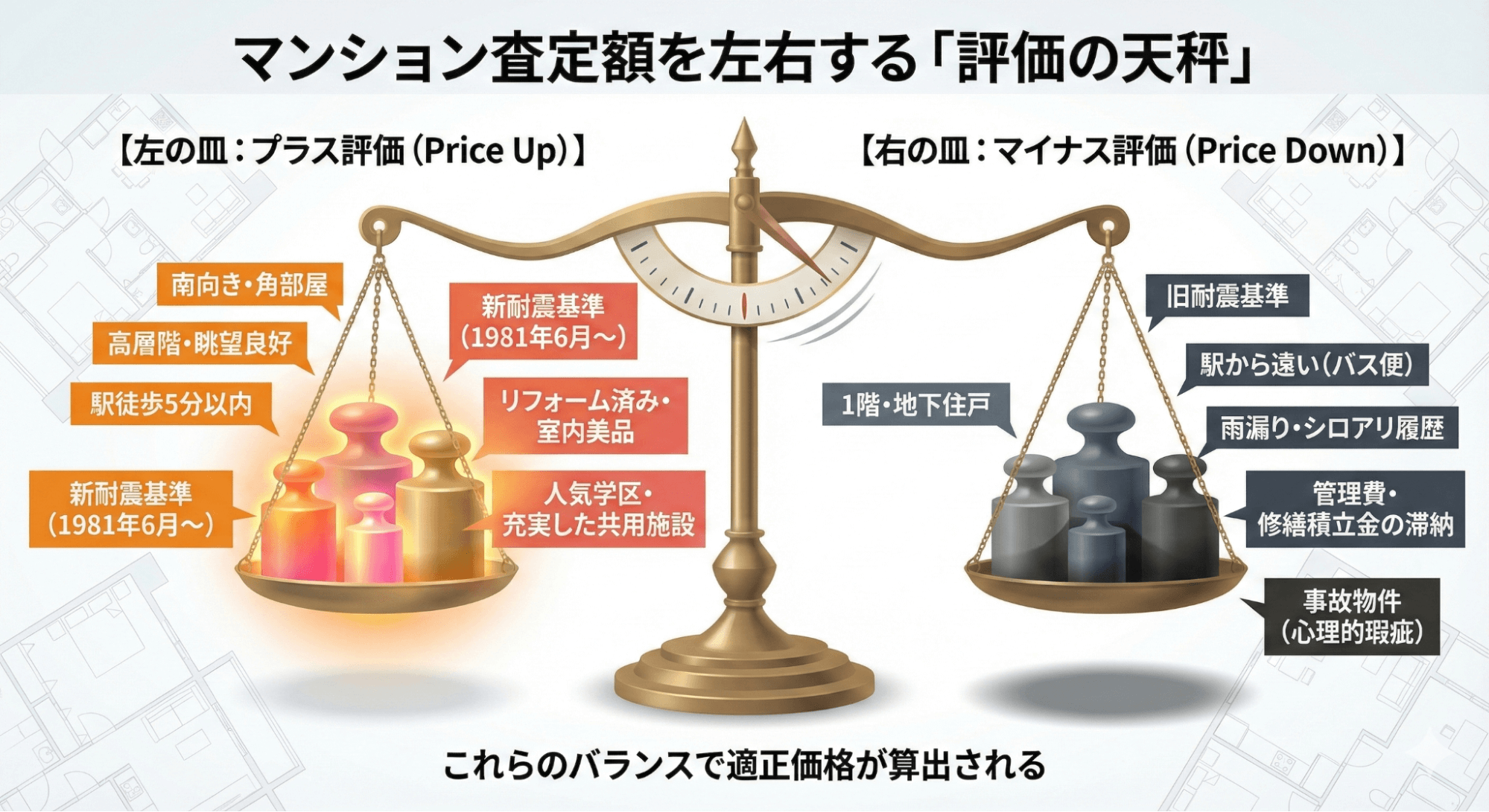 マンション査定額に影響するプラス評価とマイナス評価のバランスを示した図