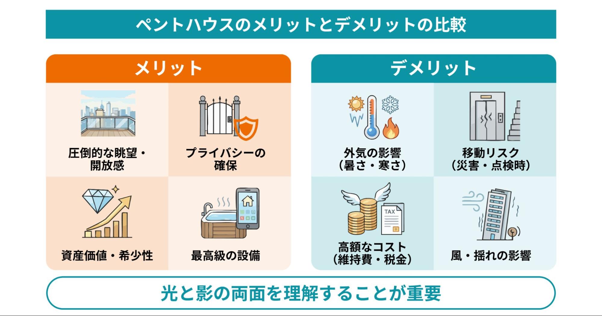 ペントハウスのメリットとデメリットを比較した図