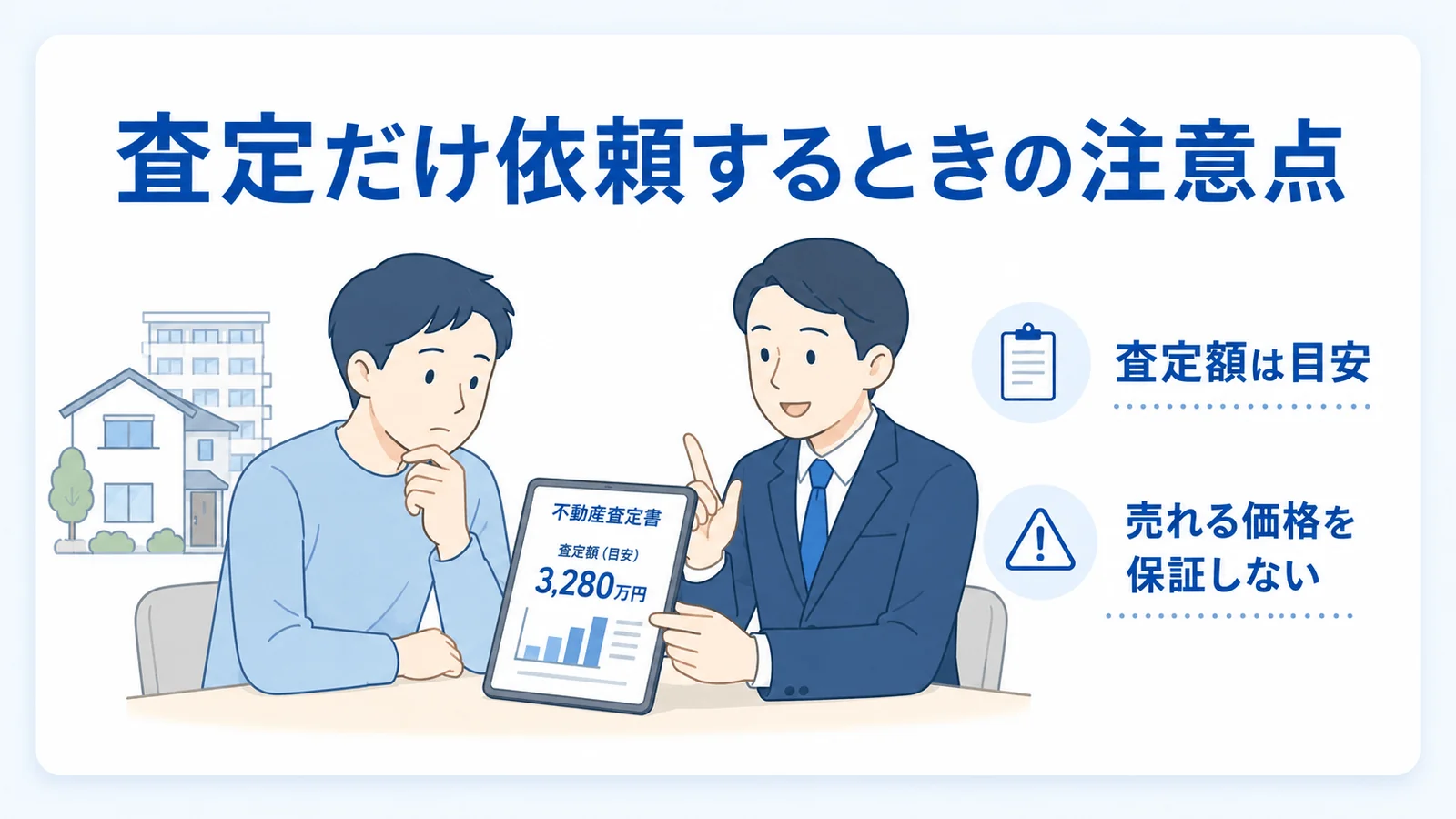査定だけ依頼するときの注意点(査定額は目安であり、売れる価格を保証しない)を示す図