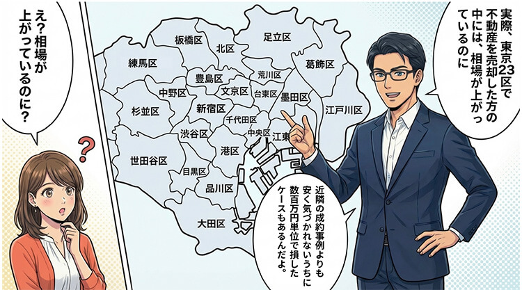 東京23区の地図を指しながら専門家が「相場が上がっているのに、近隣の成約事例より安く売って数百万円単位で損しているケースがある」と説明。女性は「え？相場が上がっているのに？」と困惑する。