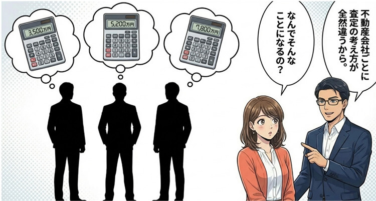 「なんでそんなことになるの？」と問う女性に、専門家が「不動産会社ごとに査定の考え方が全然違うから」と説明。同じ物件でも3,500万・5,200万・7,800万と会社によって査定額が大きく異なることを示す。