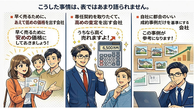 表には語られない不動産会社の実態として3つのケースを紹介。①早く売るためにあえて低い価格を提示する会社、②専任契約欲しさに高い査定を出す会社、③自社に都合のいい成約事例だけを基準にする会社。