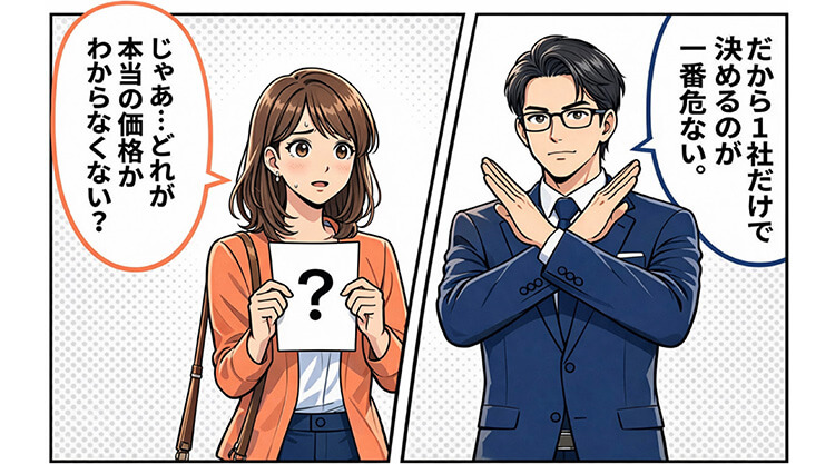 「どれが本当の価格かわからない」と困惑する女性に、専門家が「だから1社だけで決めるのが一番危ない」と腕をクロスさせて警告する。